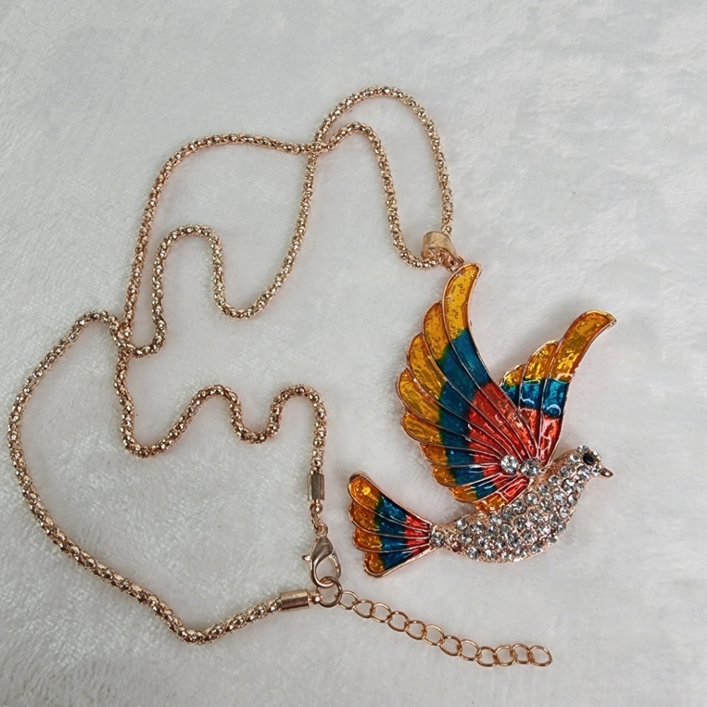 Bird Pendant Necklace Multicolor Rose Gold Tone Chain and Rhinestones 17" Long